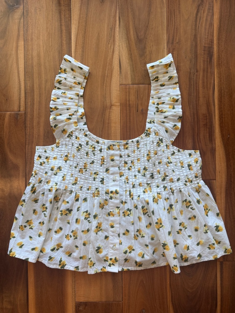J. Crew White Floral Smocked Ruffle-Strap Camisole